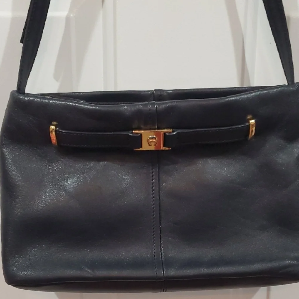 Etienne Aigner Black Leather Shoulder Bag with Gold Accents Plus Pocket Mirror